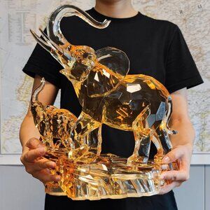 Large Crystal Elephant Sculpture with Baby Elephant, Golden Accents